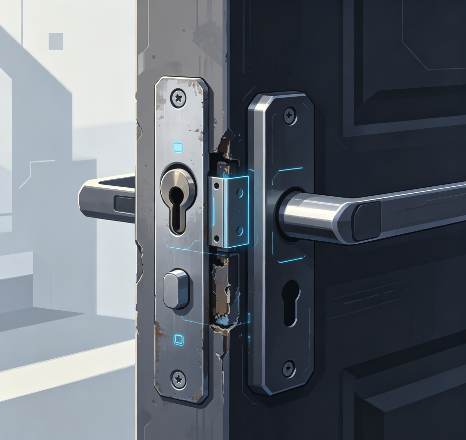 Repair of old door lock holes and re-installation
