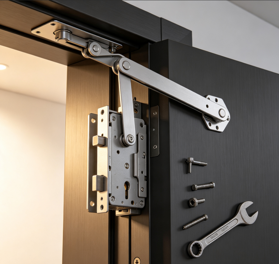Adjustment service for door closer and lock body linkage